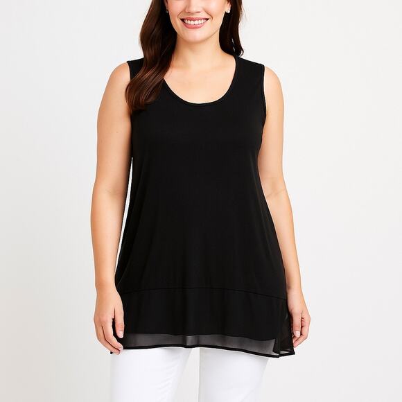 2/$30 White House Black Market Chiffon Trim Hi‑Lo Tank Top Medium Women Black - Picture 1 of 10
